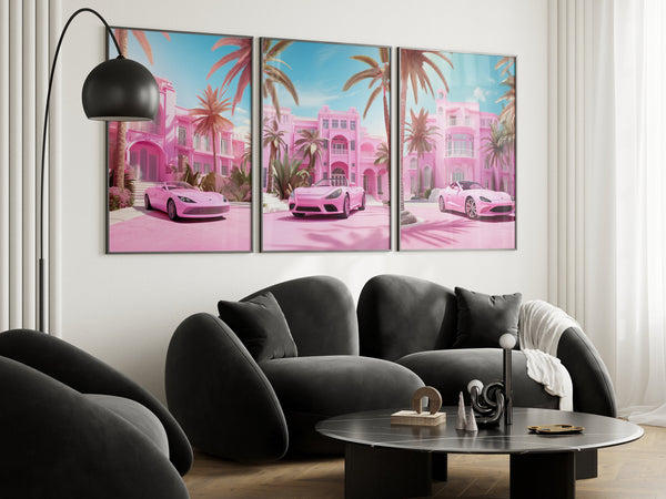Barbie Dream House Print, Pink Room Decor, Barbie Poster Wall Art, Y2k Art Print, Colourful Wall Print, Palm Trees Pink Car Print,Preppy Art