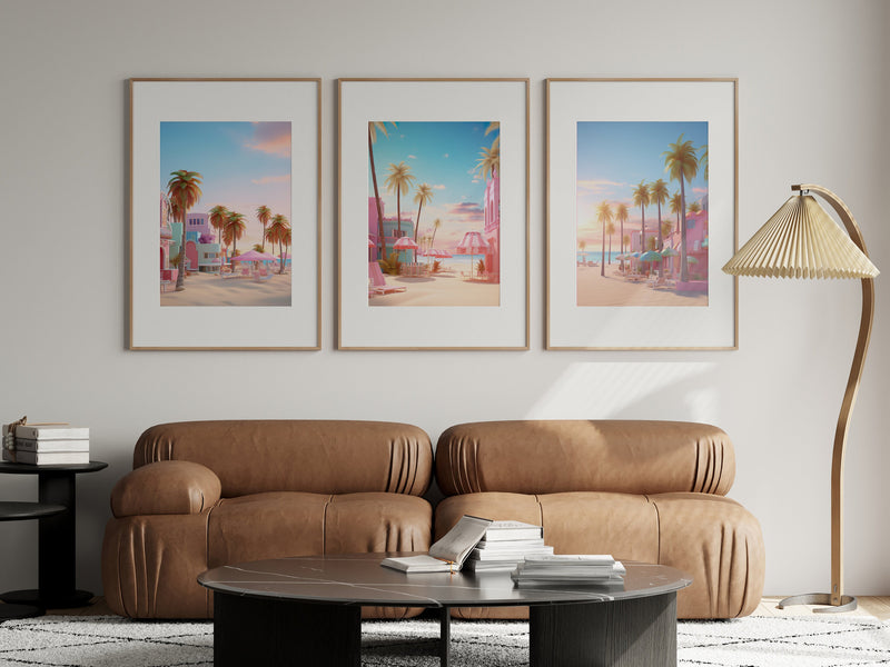 Retro Wall Art Barbie Beach Print, Miami Beach Print, Palm Trees Sunset Wall Art, Barbie Beach Poster, Preppy Wall Art, Trendy Travel Poster