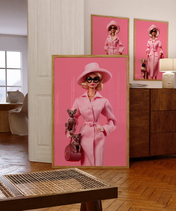 Fashion Barbie Dog Print, Preppy Pink Print, Modern Design Poster, Y2k Art Print, Pink Fashion Wall Art, Dog Barbie Poster, Pink Room Decor