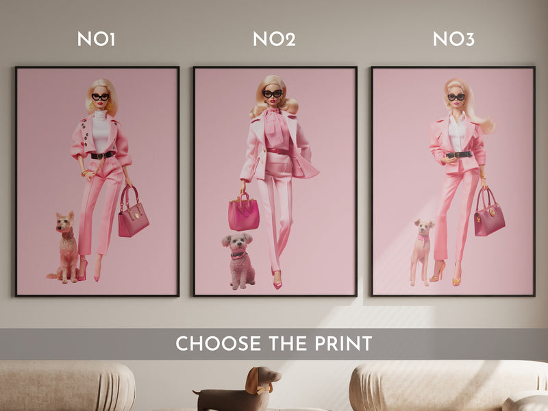 Fashion Barbie Dog Print, Dog Lover Poster, Wall Print Digital Download, Preppy Pink Print, Pink Fashion Wall Art, Dog Barbie Art Room Decor