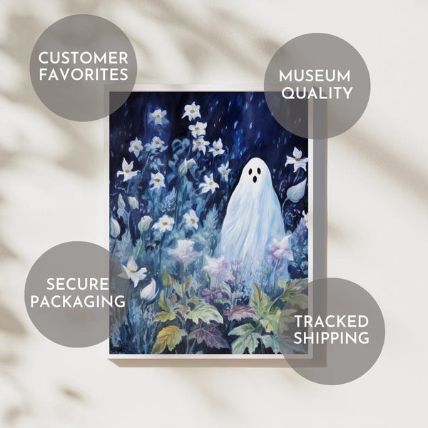 Dark Blue Ghost Flower Poster, Dark Romantic Ghost Standing in The Forest Flower Creepy, Horror Spooky Cute, Wall Art Halloween Poster