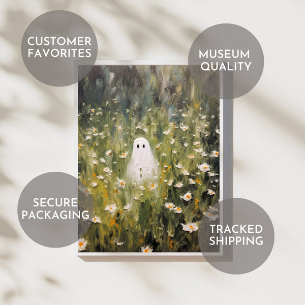 Ghosts Art Print, Halloween Art Print, Halloween Decor, Cute Ghost in Field, Spooky Flower Halloween, Printable Wall Art, Digital Download