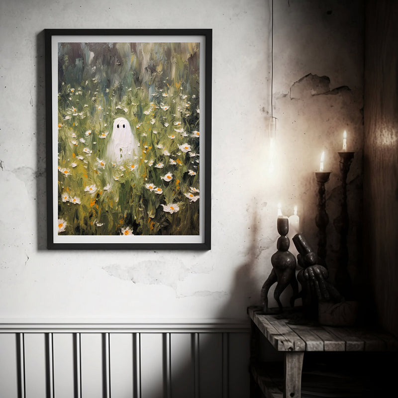 Ghosts Art Print, Halloween Art Print, Halloween Decor, Cute Ghost in Field, Spooky Flower Halloween, Printable Wall Art, Digital Download