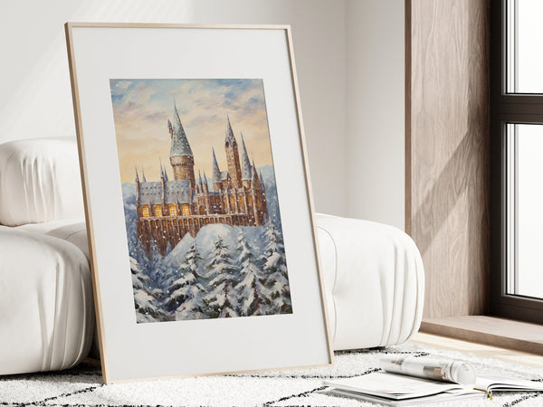 Winter Forest Castle Print, Watercolor Hogwarts Painting Poster, Christmas Painting, DIGITAL Wall Art, Rustic PRINTABLE Digital Download