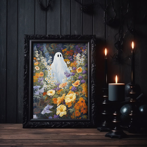 Floral Ghost Poster, Ghost Flower Digital Print, Ghost Spooky Halloween Print, Ghost Standing in The Forest Flower Creepy, Spooky Halloween