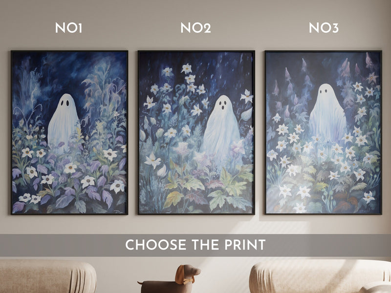 Dark Blue Ghost Flower Poster, Dark Romantic Ghost Standing in The Forest Flower Creepy, Horror Spooky Cute, Wall Art Halloween Poster