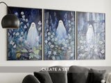 Dark Blue Ghost Flower Poster, Dark Romantic Ghost Standing in The Forest Flower Creepy, Horror Spooky Cute, Wall Art Halloween Poster