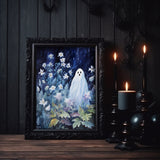 Dark Blue Ghost Flower Poster, Dark Romantic Ghost Standing in The Forest Flower Creepy, Horror Spooky Cute, Wall Art Halloween Poster