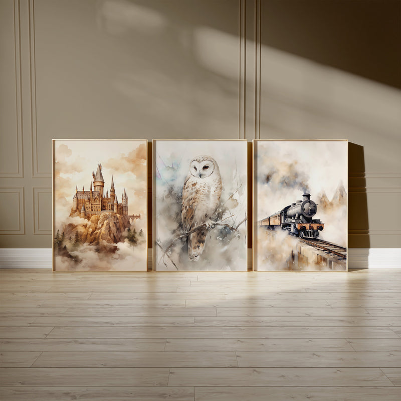 Wizarding Inspired Print Set of 3, Hogwart Owl Poster, Wizard Magic Castle, Magical Wizard School Print, Digital Download, Hogwart Hedwig